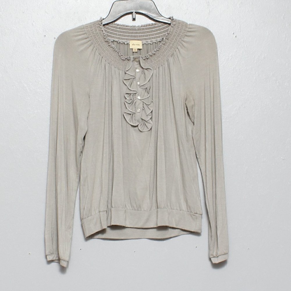 Ella miss ruffle front rayon taupe long sleeve elastic neck blouse